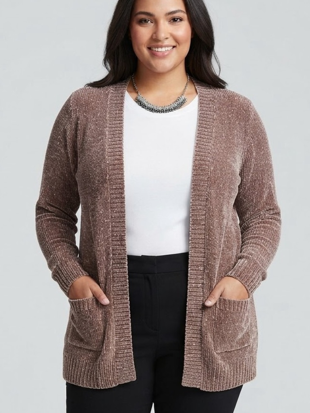 KAREN SCOTT Taupe Open Front Chenille Cardigan Size LARGE